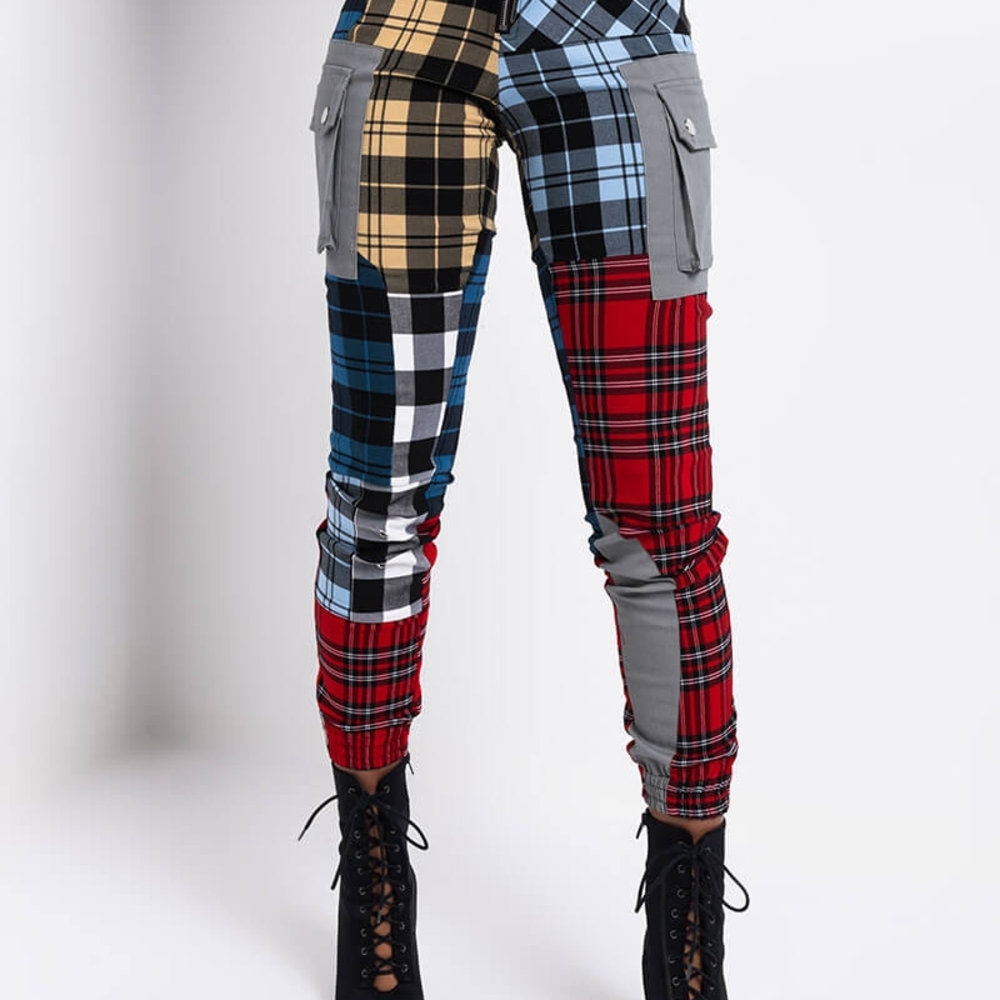 AKIRA Plaid Patchwork Joggers - Red, Blue, Black, Tan